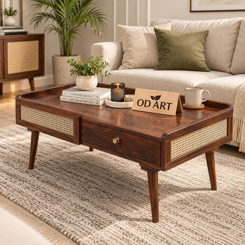 Sheesham wood cane centre table Walnut finish - product view 1