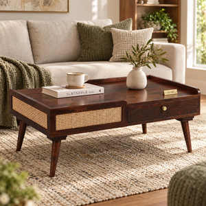 Sheesham wood cane centre table Walnut finish - product view 5