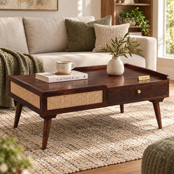 Sheesham wood cane centre table Walnut finish - product view 5
