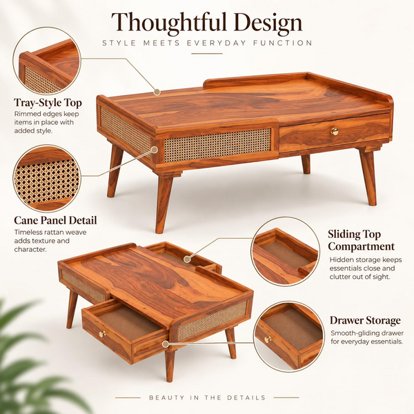 Sheesham wood cane centre table Natural finish - product view 11