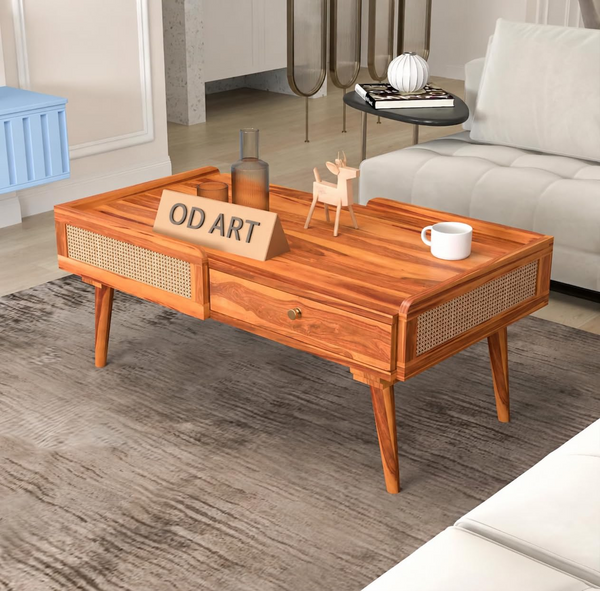 Sheesham wood cane centre table Natural finish - product view 12