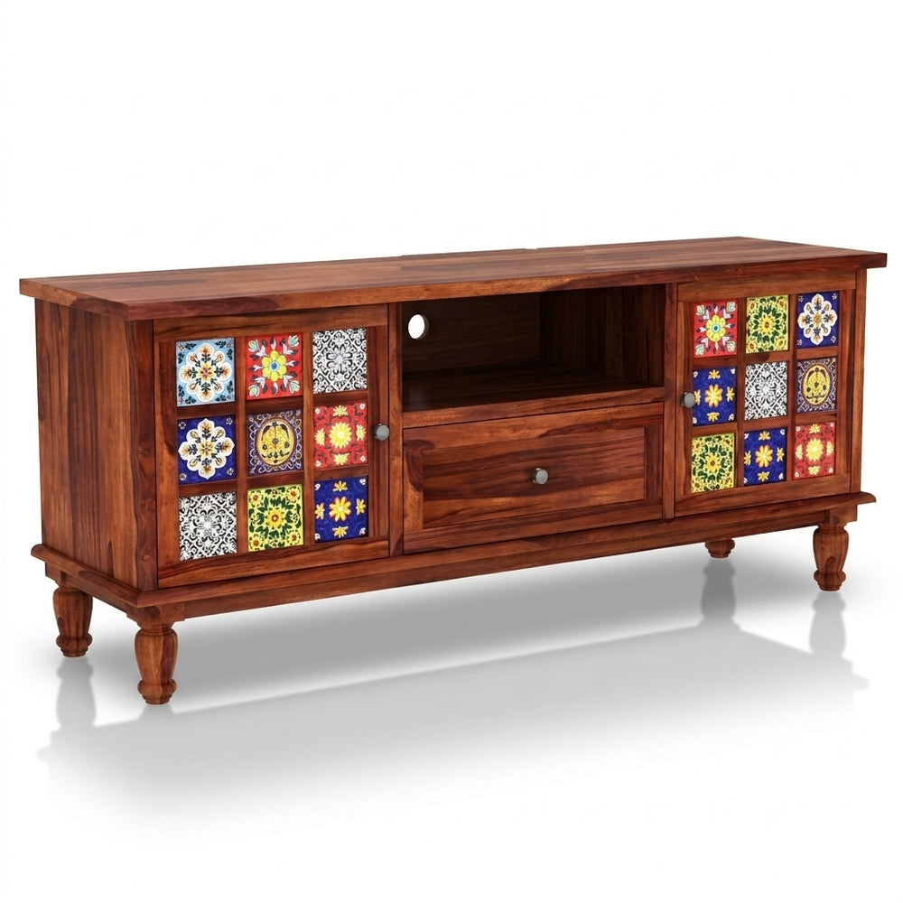 Mosaic Tile Sheesham Wood TV Unit with Storage (Honey Finish) - Rajasthali Furniture 