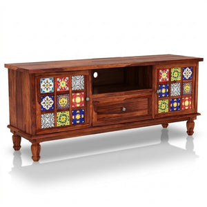 Mosaic Tile Sheesham Wood TV Unit with Storage (Honey Finish)