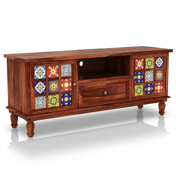 Mosaic Tile Sheesham Wood TV Unit with Storage (Honey Finish)