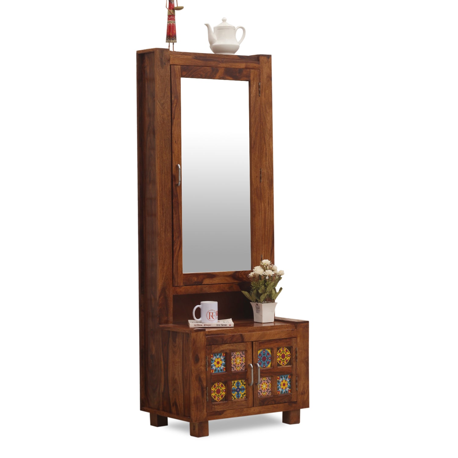 Hogan Soild Wod Two Door Dressing Mirror with Hidden Storage In Honey Oak Finish - Rajasthali Furniture 