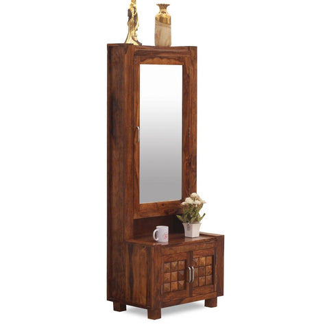 Aino Solid Wood Two Door Dressing Mirror with Hidden Storage in Honey Oak Finish - Rajasthali Furniture 