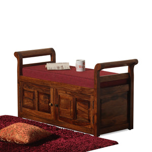 A Beautiful Solid Sheesham Wood Bench | Wooden Bench with 2 Drawer Storage | Bench with Upholstery | Finish Oak Honey - Rajasthali Furniture 
