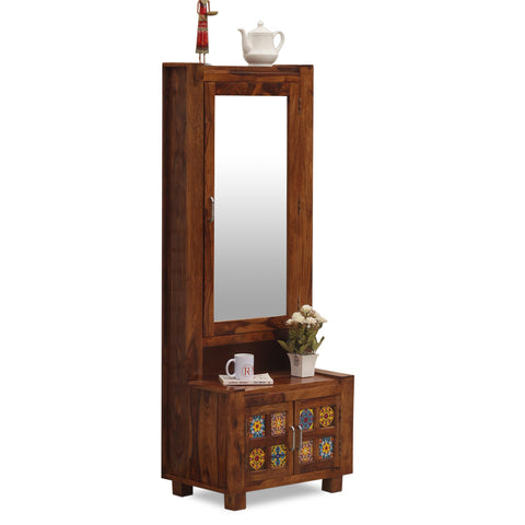 Hogan Soild Wod Two Door Dressing Mirror with Hidden Storage In Honey Oak Finish - Rajasthali Furniture 