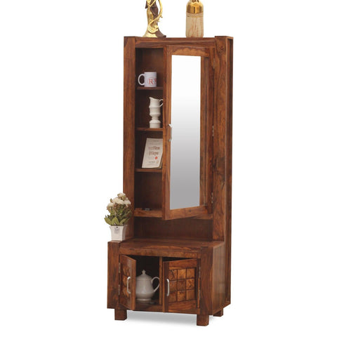 Aino Solid Wood Two Door Dressing Mirror with Hidden Storage in Honey Oak Finish - Rajasthali Furniture 