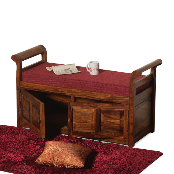 A Beautiful Solid Sheesham Wood Bench | Wooden Bench with 2 Drawer Storage | Bench with Upholstery | Finish Oak Honey - Rajasthali Furniture 