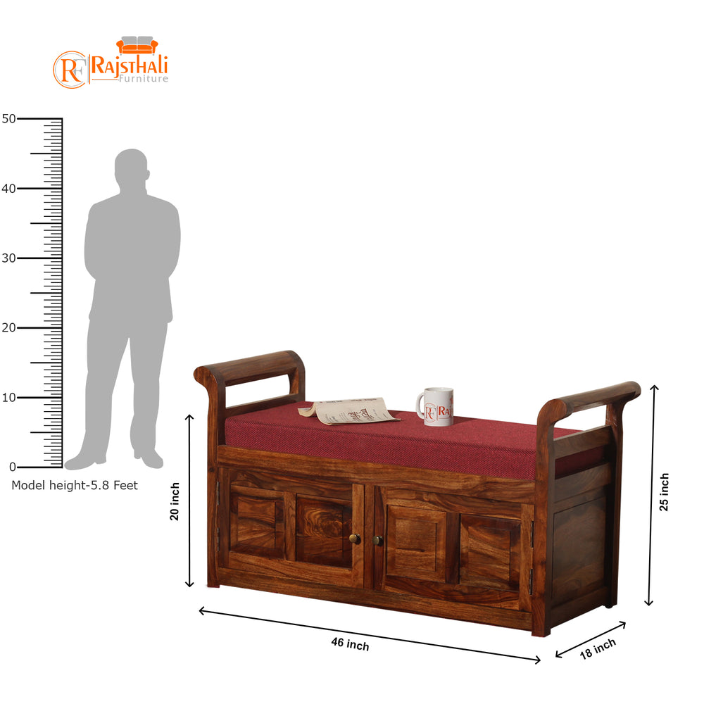 Sheesham Wood Upholstered Bench with 2 Drawers (Honey Oak Finish) - Rajasthali Furniture 