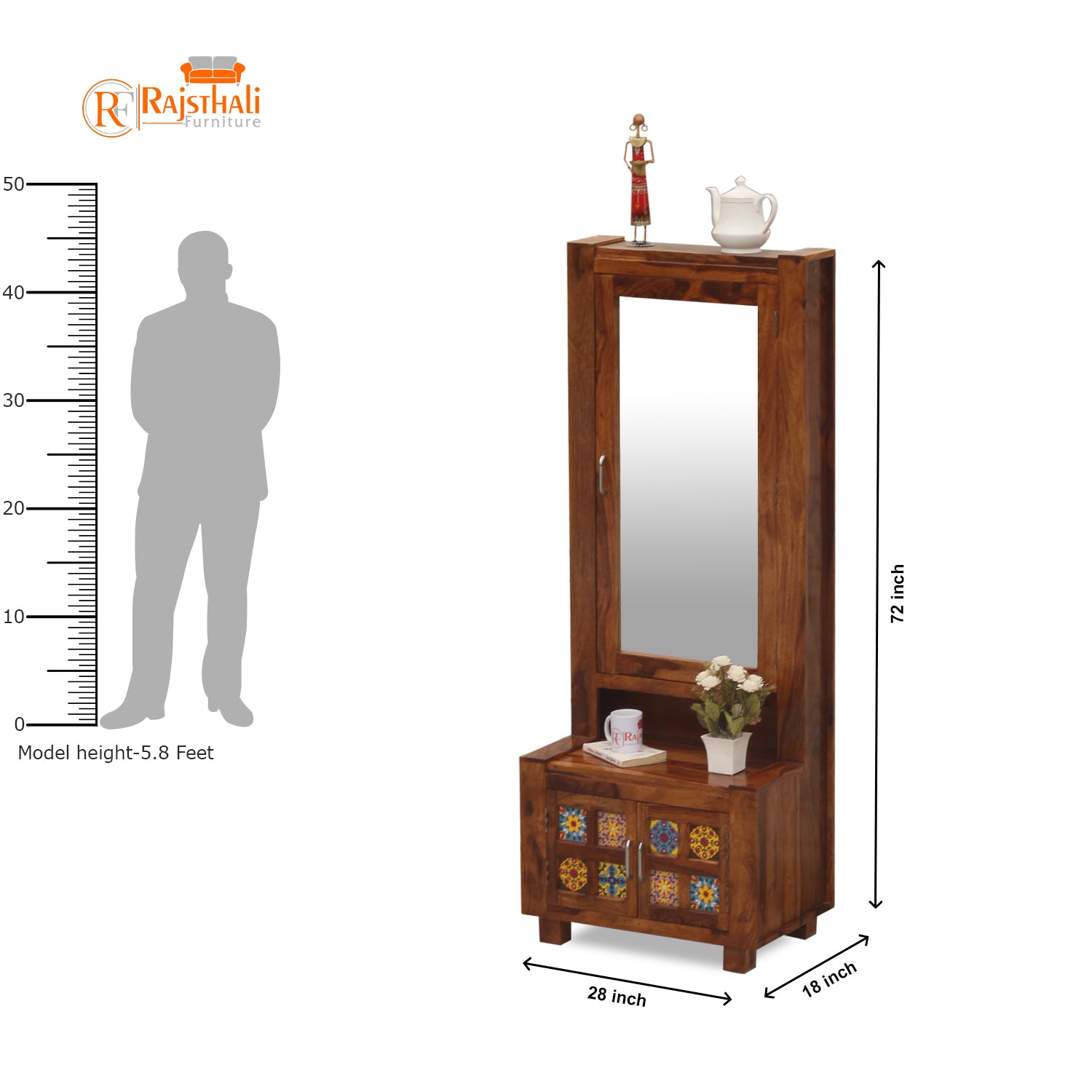 Hogan Soild Wod Two Door Dressing Mirror with Hidden Storage In Honey Oak Finish - Rajasthali Furniture 