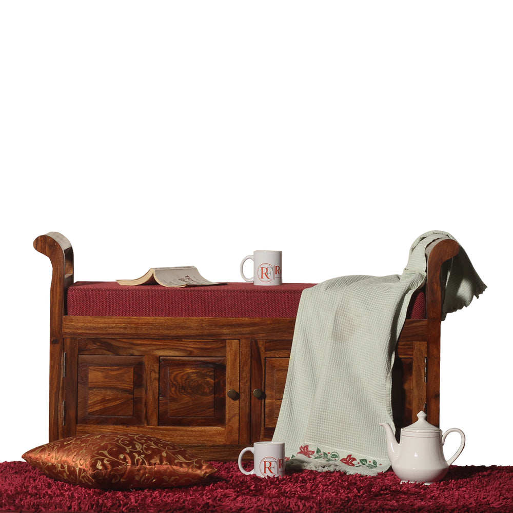 A Beautiful Solid Sheesham Wood Bench | Wooden Bench with 2 Drawer Storage | Bench with Upholstery | Finish Oak Honey - Rajasthali Furniture 
