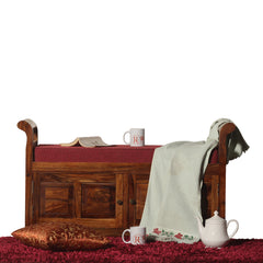 A Beautiful Solid Sheesham Wood Bench | Wooden Bench with 2 Drawer Storage | Bench with Upholstery | Finish Oak Honey - Rajasthali Furniture 