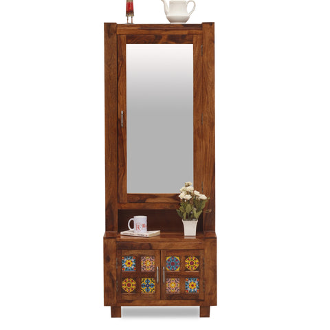 Hogan Soild Wod Two Door Dressing Mirror with Hidden Storage In Honey Oak Finish - Rajasthali Furniture 