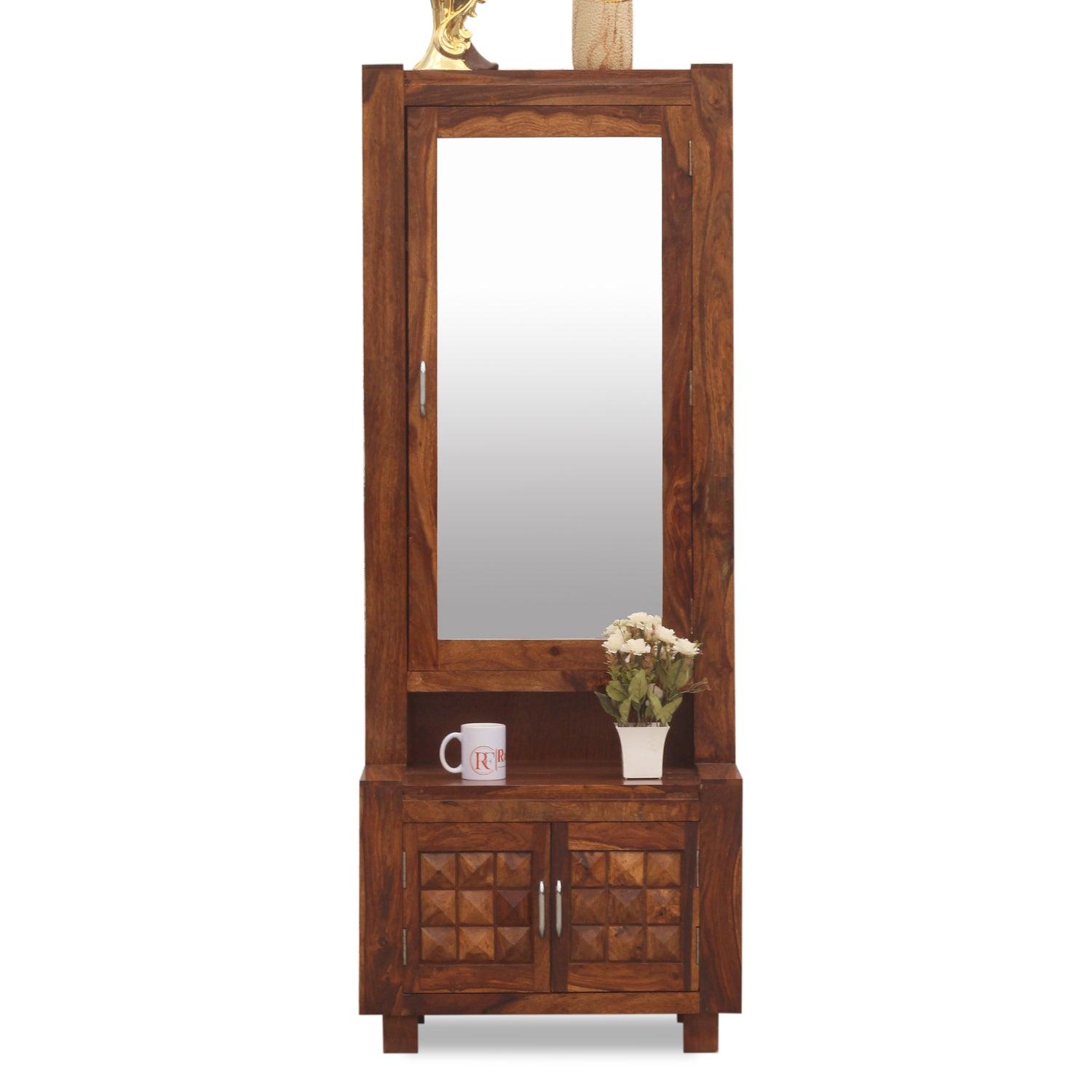 Aino Solid Wood Two Door Dressing Mirror with Hidden Storage in Honey Oak Finish - Rajasthali Furniture 