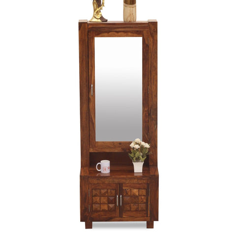 Aino Solid Wood Two Door Dressing Mirror with Hidden Storage in Honey Oak Finish - Rajasthali Furniture 