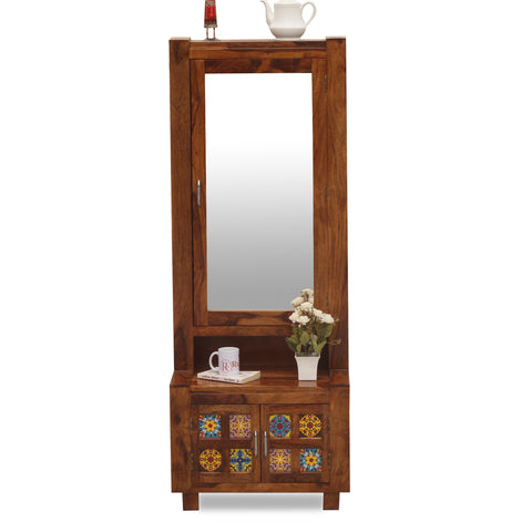 Hogan Soild Wod Two Door Dressing Mirror with Hidden Storage In Honey Oak Finish - Rajasthali Furniture 