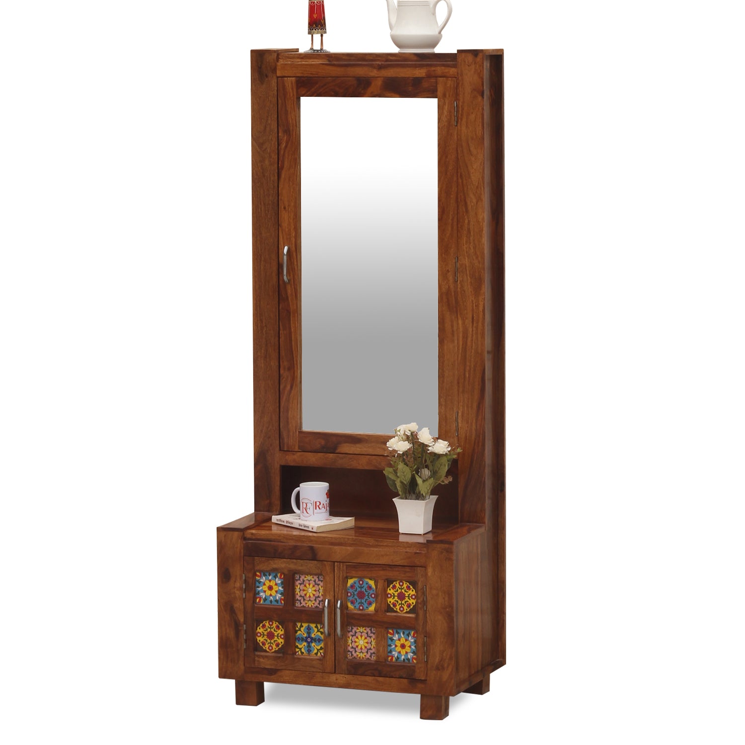 Hogan Soild Wod Two Door Dressing Mirror with Hidden Storage In Honey Oak Finish - Rajasthali Furniture 