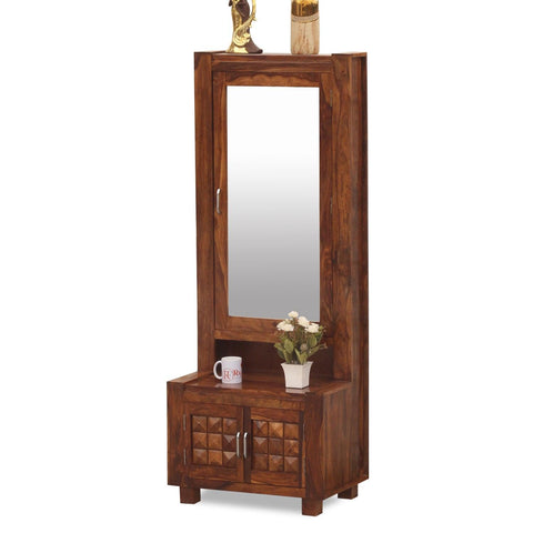 Aino Solid Wood Two Door Dressing Mirror with Hidden Storage in Honey Oak Finish - Rajasthali Furniture 