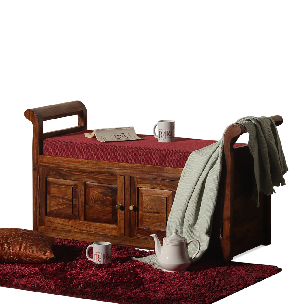 A Beautiful Solid Sheesham Wood Bench | Wooden Bench with 2 Drawer Storage | Bench with Upholstery | Finish Oak Honey - Rajasthali Furniture 