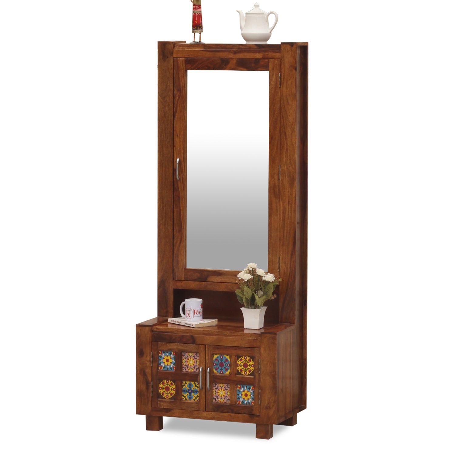 Hogan Soild Wod Two Door Dressing Mirror with Hidden Storage In Honey Oak Finish - Rajasthali Furniture 