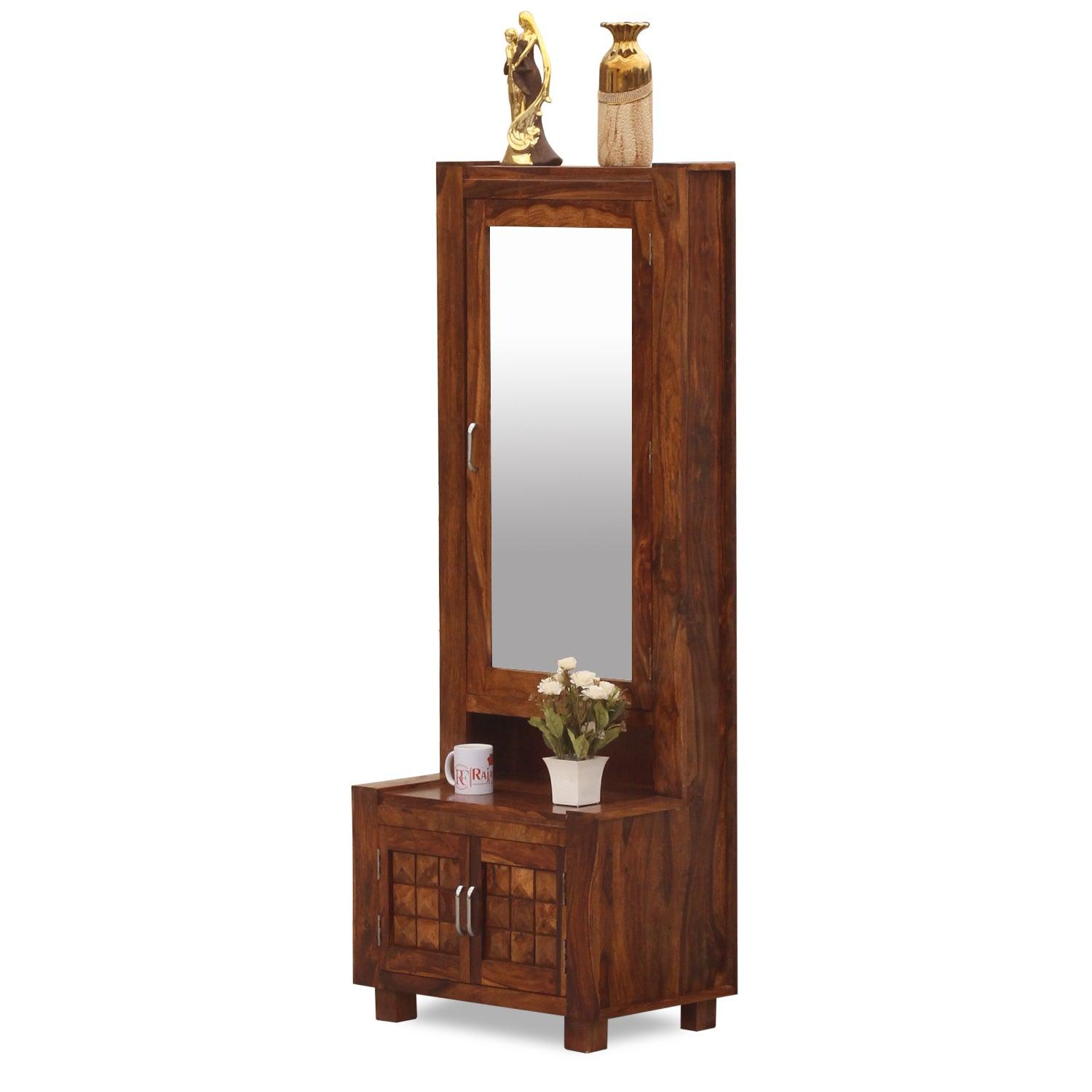 Aino Solid Wood Two Door Dressing Mirror with Hidden Storage in Honey Oak Finish - Rajasthali Furniture 