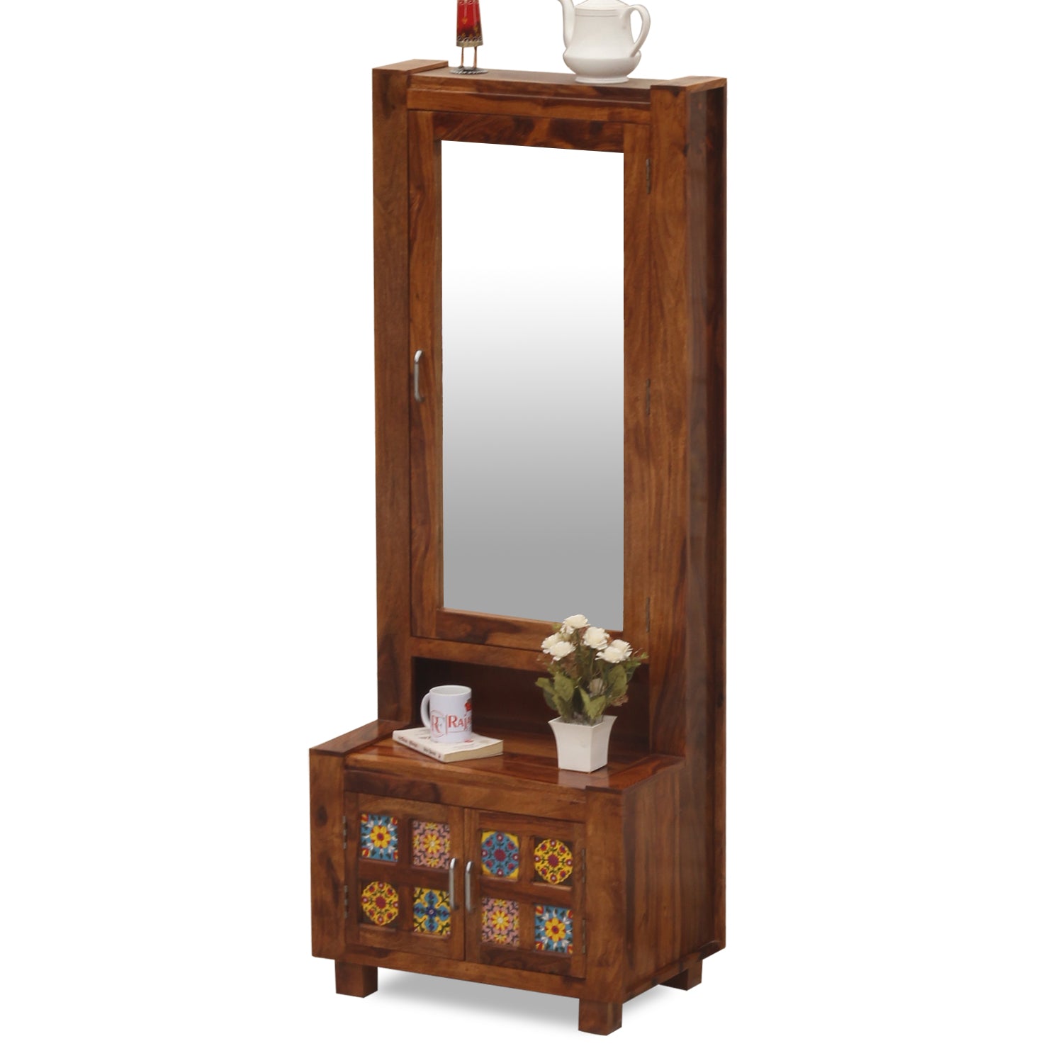 Hogan Soild Wod Two Door Dressing Mirror with Hidden Storage In Honey Oak Finish - Rajasthali Furniture 