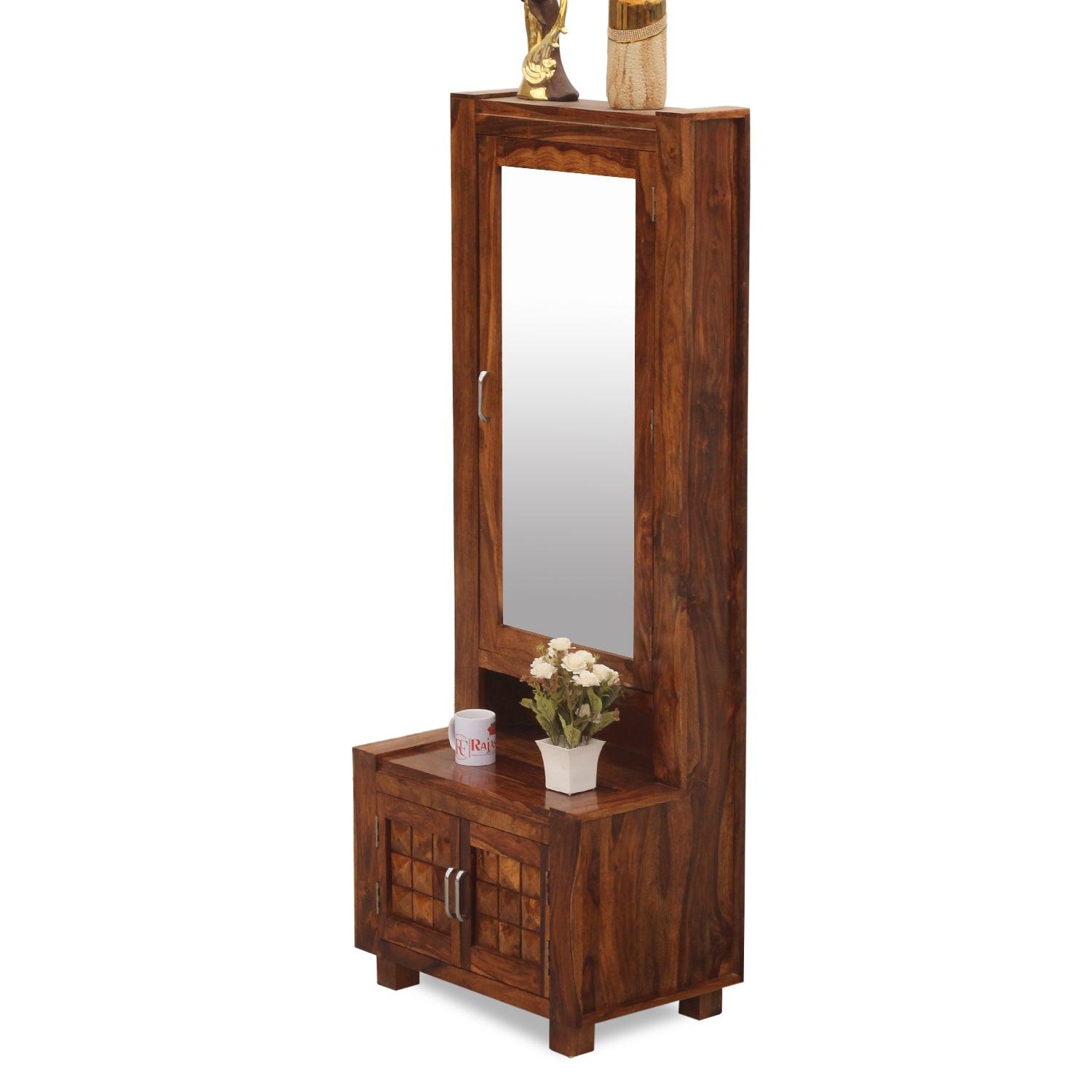 Aino Solid Wood Two Door Dressing Mirror with Hidden Storage in Honey Oak Finish - Rajasthali Furniture 