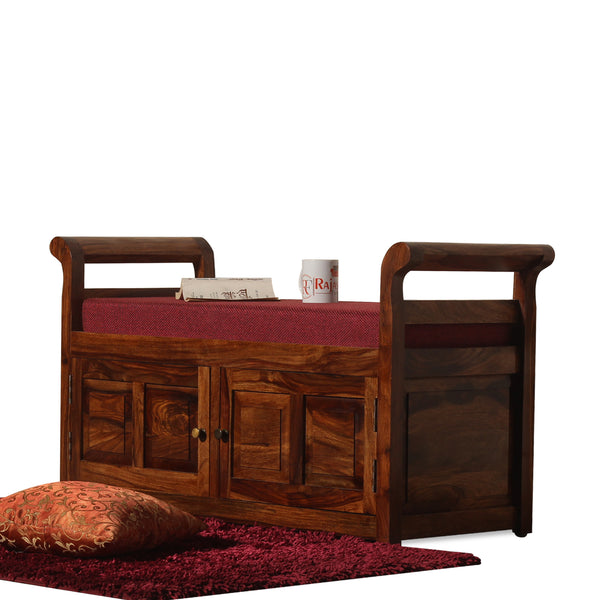 A Beautiful Solid Sheesham Wood Bench | Wooden Bench with 2 Drawer Storage | Bench with Upholstery | Finish Oak Honey - Rajasthali Furniture 
