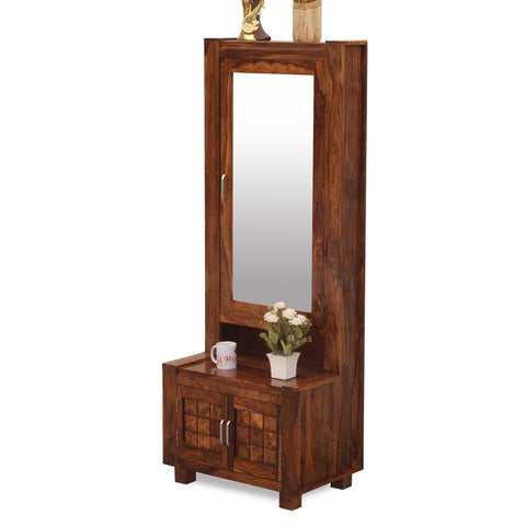 Aino Solid Wood Two Door Dressing Mirror with Hidden Storage in Honey Oak Finish - Rajasthali Furniture 