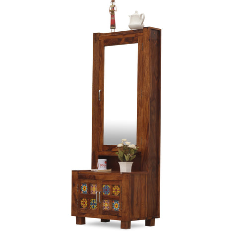 Hogan Soild Wod Two Door Dressing Mirror with Hidden Storage In Honey Oak Finish - Rajasthali Furniture 