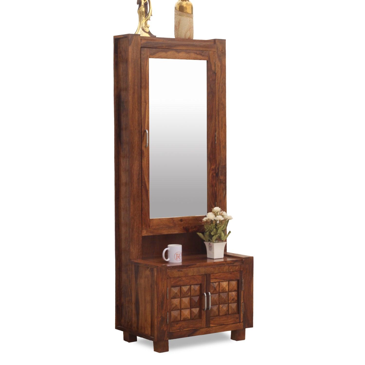 Aino Solid Wood Two Door Dressing Mirror with Hidden Storage in Honey Oak Finish - Rajasthali Furniture 