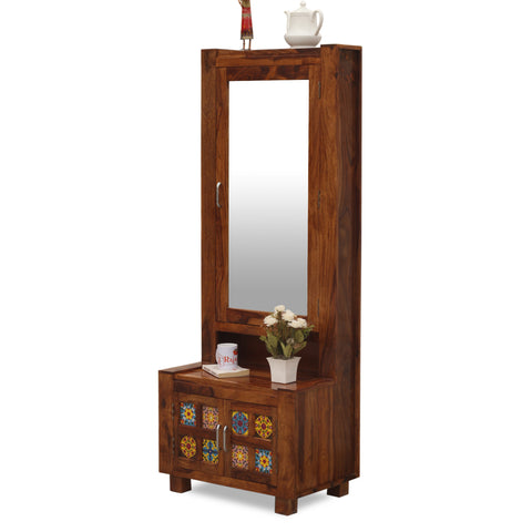 Hogan Soild Wod Two Door Dressing Mirror with Hidden Storage In Honey Oak Finish - Rajasthali Furniture 