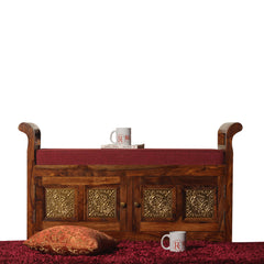 Bluet Upholstery Solid Wood Arm Bench with Storage in Honey Oak Finish - Rajasthali Furniture 