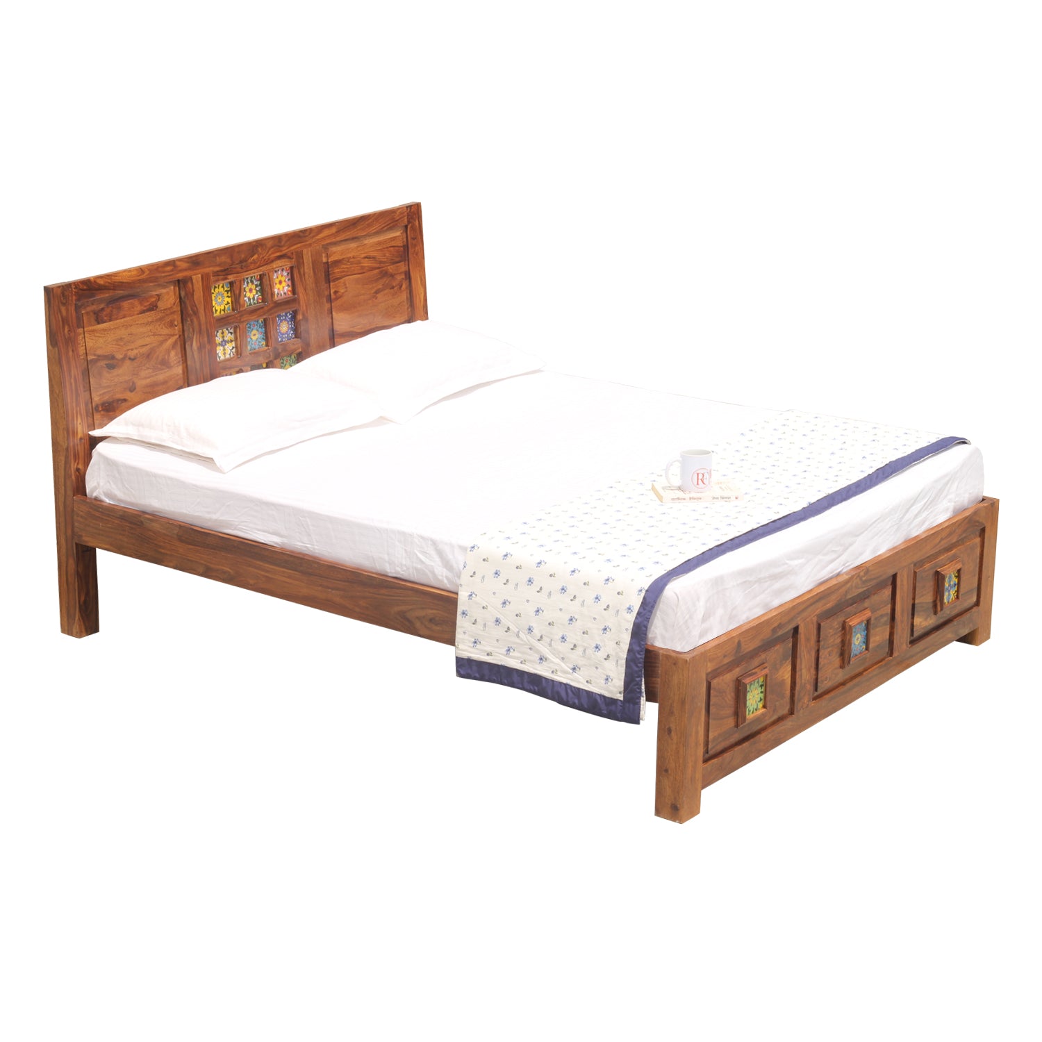 Hinton Solid Wood Double Bed Without Storage in Honey Oak Finish - Rajasthali Furniture 