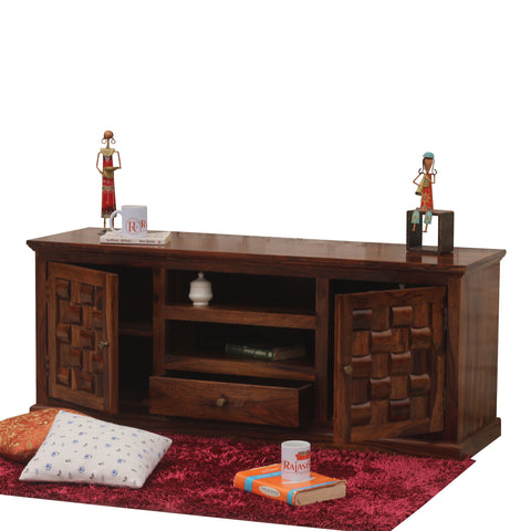 Xiomara Two Door with one center drawer wooden LCD cabinet in honey oak finish - Rajasthali Furniture 