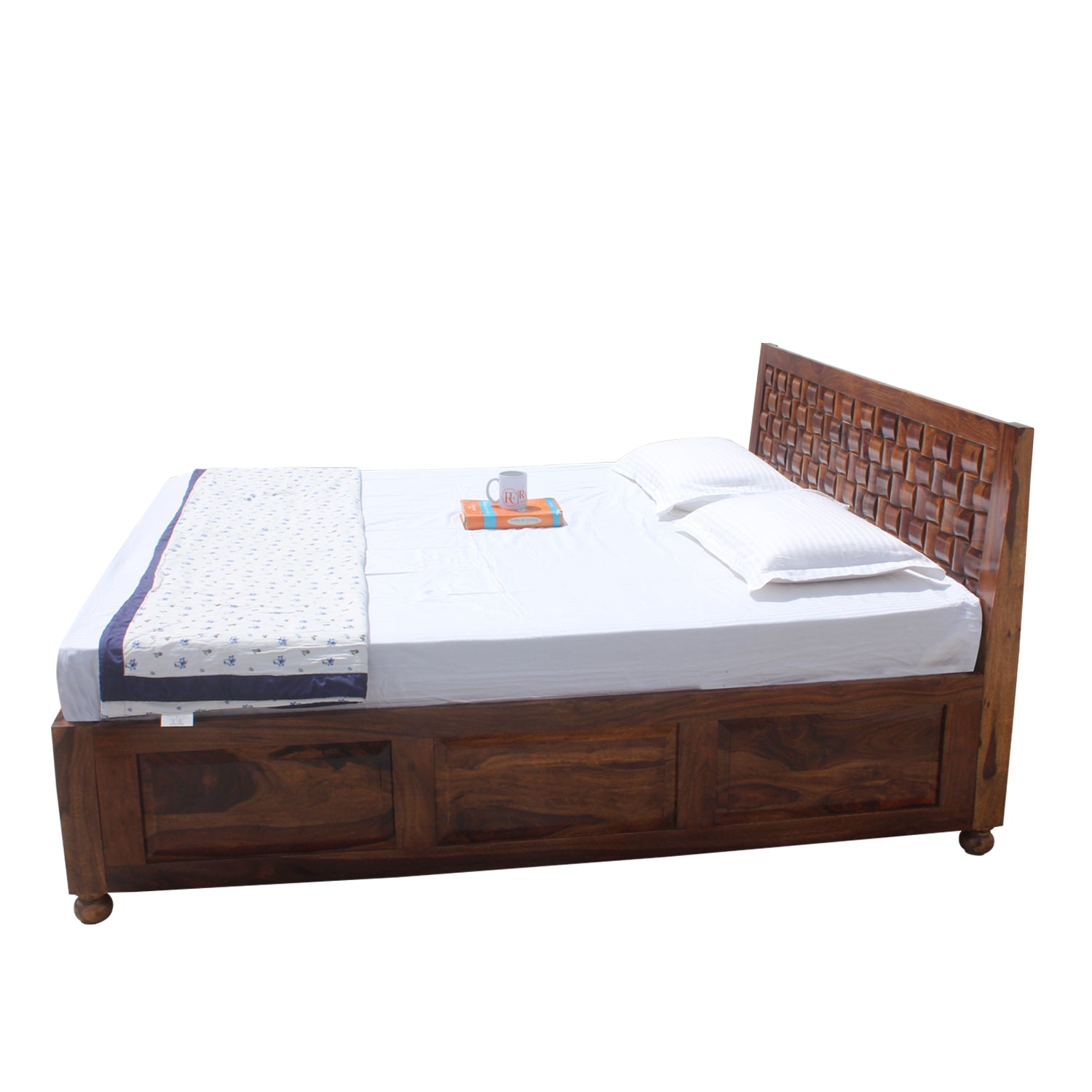 Solid Wood Niwar King Size Double Bed with Legs and Box Storage in Natural Finish - Rajasthali Furniture 