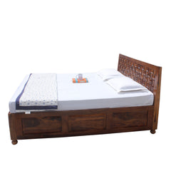 Solid Wood Niwar King Size Double Bed with Legs and Box Storage in Natural Finish