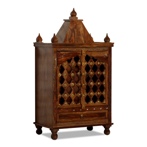 Jamini Solid Wood Double Door and One Drawer Mandir in Honey Oak Finish - Rajasthali Furniture 