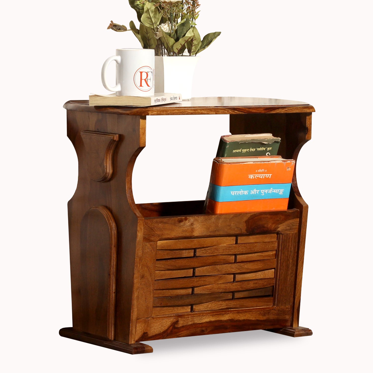 Solid Wood Niwar Magzine Stand cum Side Table in Natural Finish - Rajasthali Furniture 