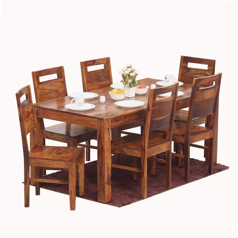 Rosa Solid Sheesham Wood Six Seat Dining Table Set in Natural Finish - Rajasthali Furniture 