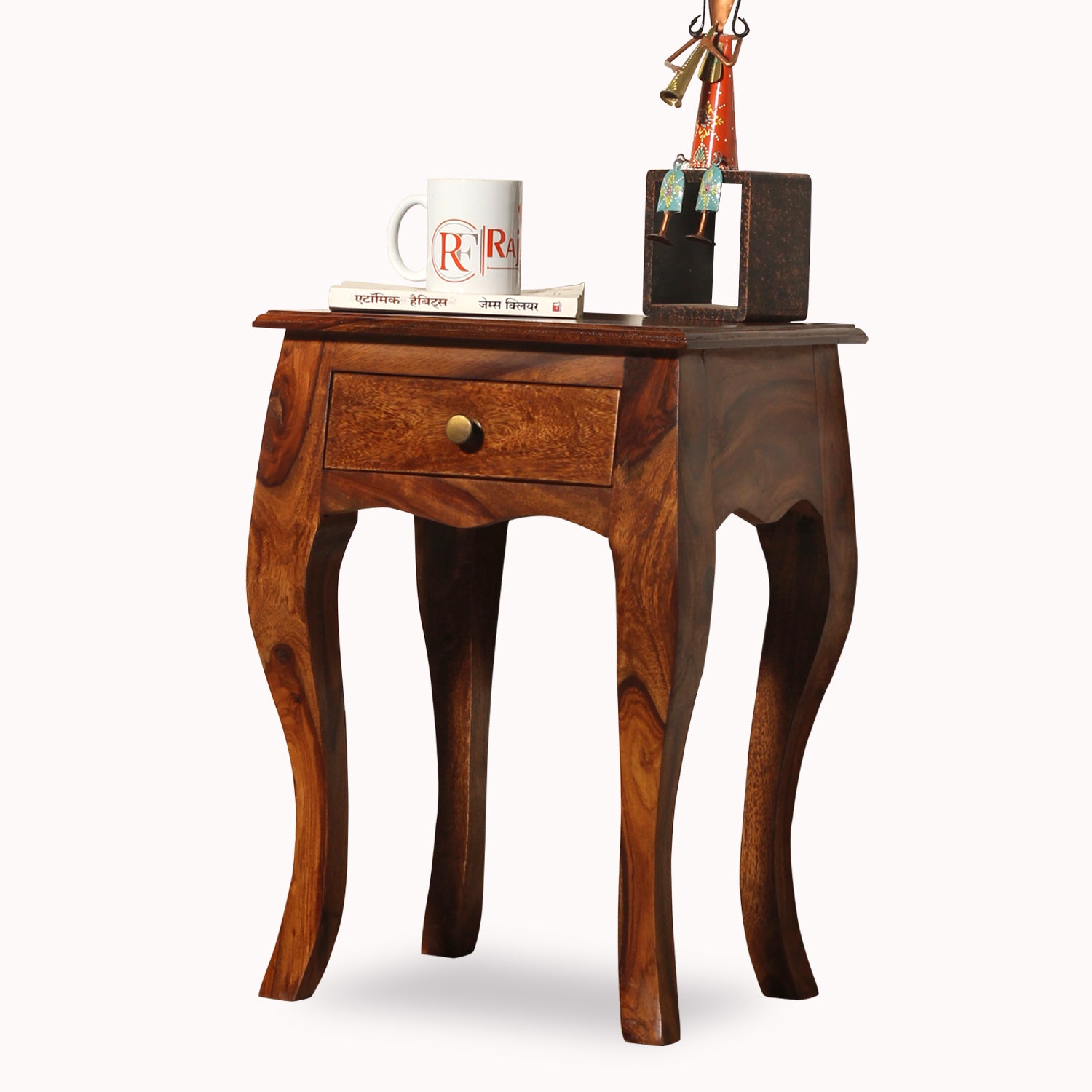 Viola Solid Sheesham Wood floor Mounted Side Table in Natural Finish - Rajasthali Furniture 