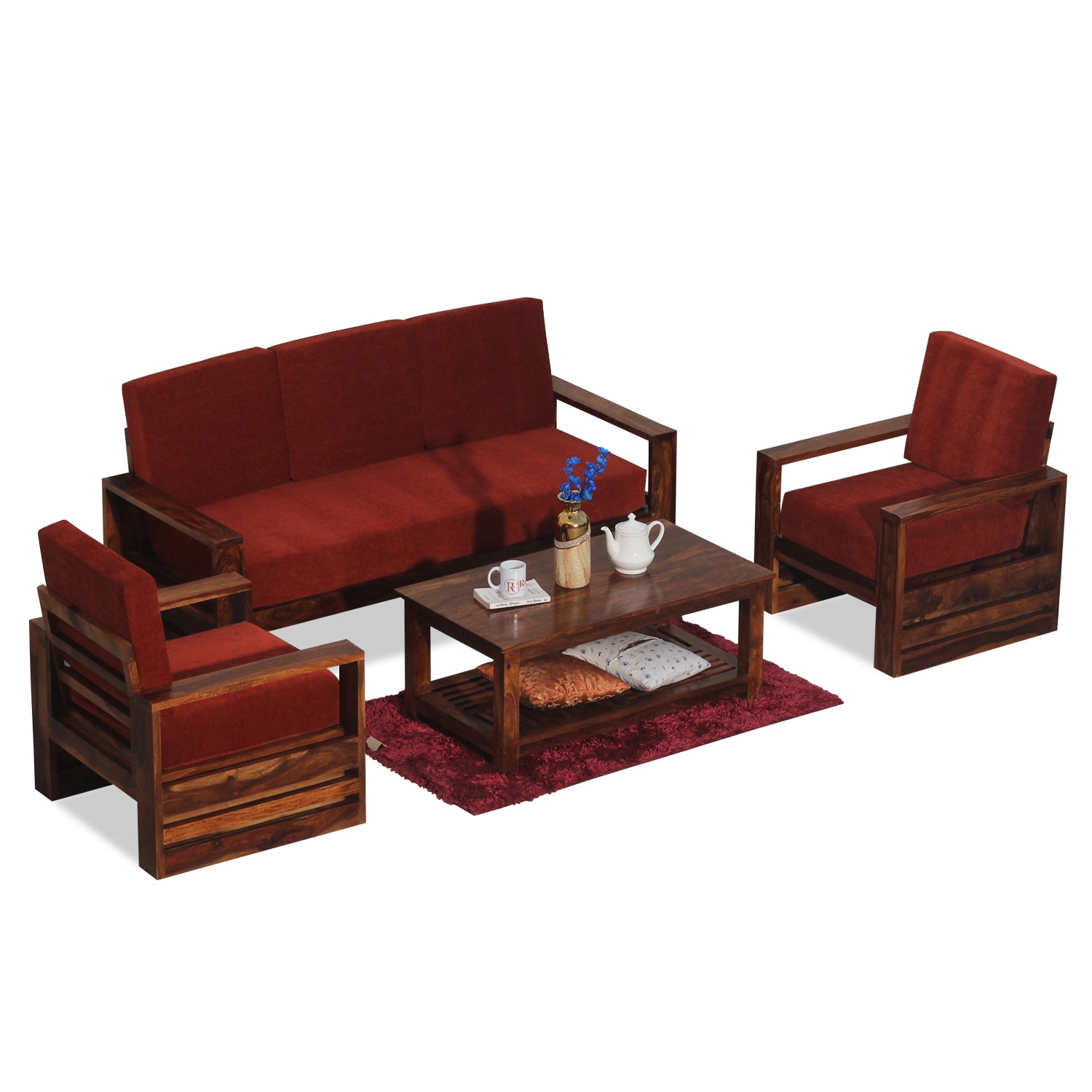 Seam Solid Wood Five Seat Sofa Set (3+1+1) In Honey Oak Finished - Rajasthali Furniture 