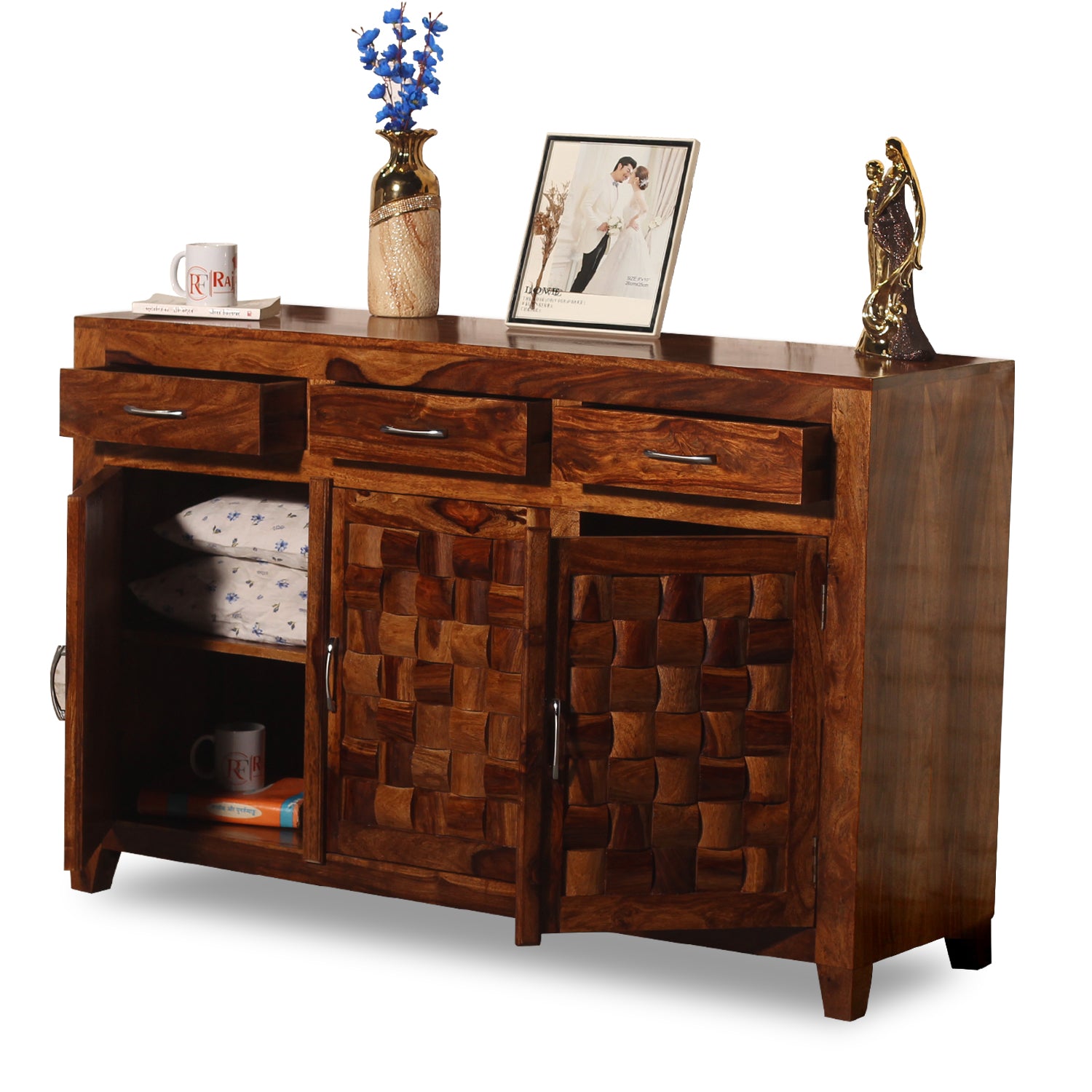 Solid Wood Three Door and Three Drawer Niwar Sideboard in natural Finish - Rajasthali Furniture 