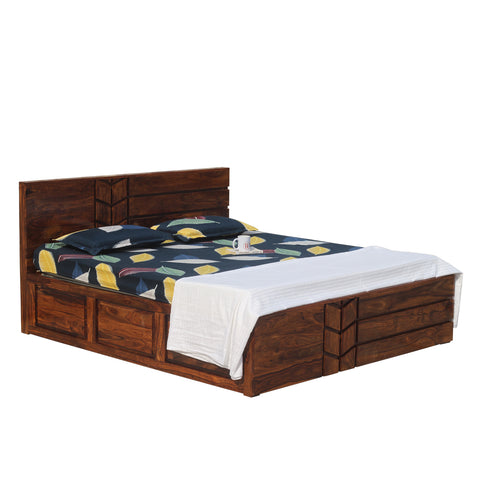 Solid Wood M Design King Size Double Bed with Box Storage in Natural Finish - Rajasthali Furniture 