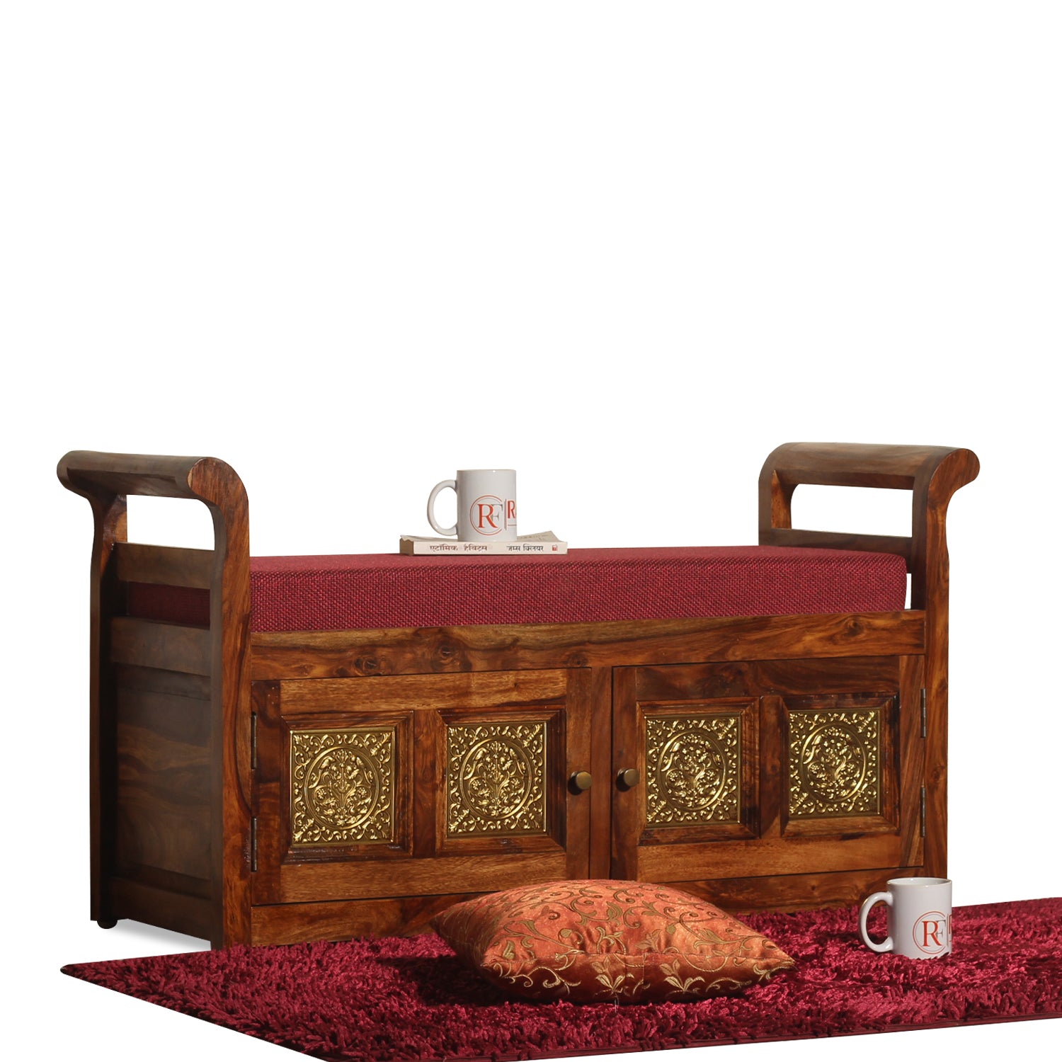 Bluet Upholstery Solid Wood Arm Bench with Storage in Honey Oak Finish - Rajasthali Furniture 