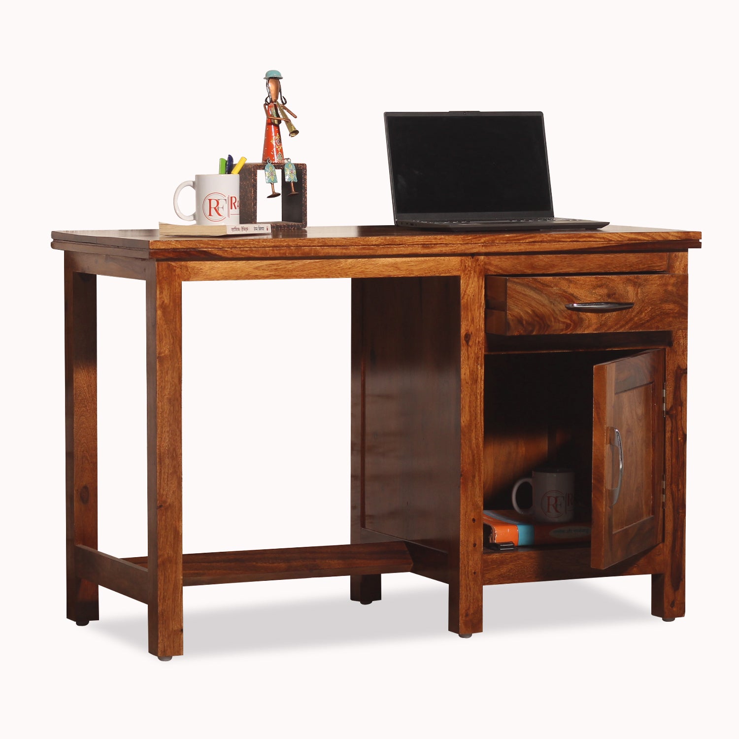 Okvist Solid Wood Study Table with One Drawer and One Door in Honey Oak Finish - Rajasthali Furniture 