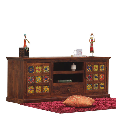 Lazio Two Door with One Center Drawer Wooden LCD Cabinet in Honey oak Finish - Rajasthali Furniture 