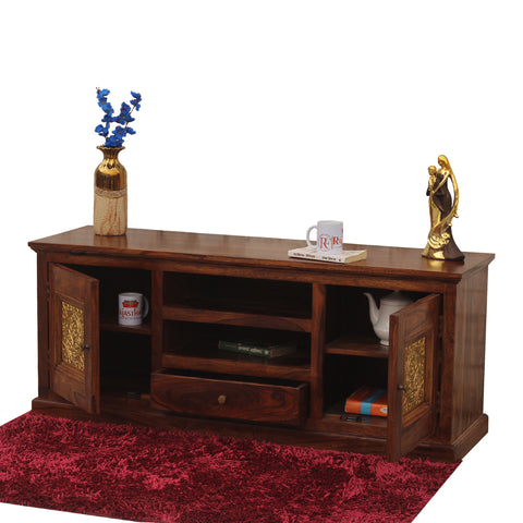 Mabel Two Door with one center drawer wooden LCD cabinet in honey oak finish - Rajasthali Furniture 